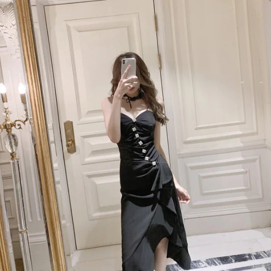 Black Waist-Defined Midi Dress for Women