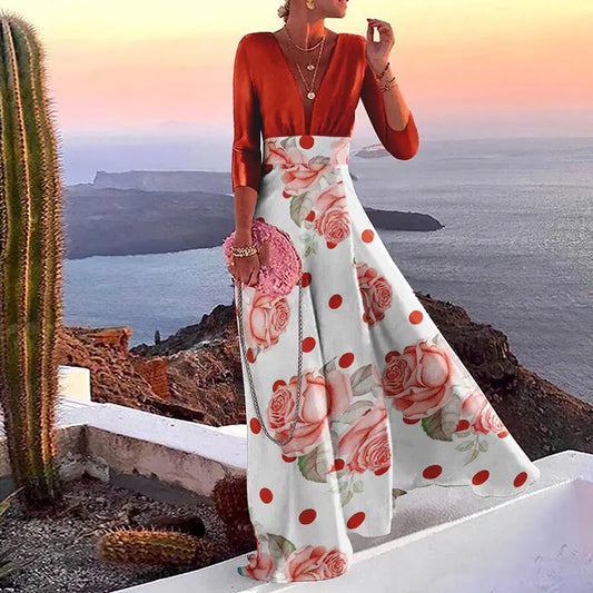 Fashionable Printed Long Sleeve Deep V-neck Party Dress