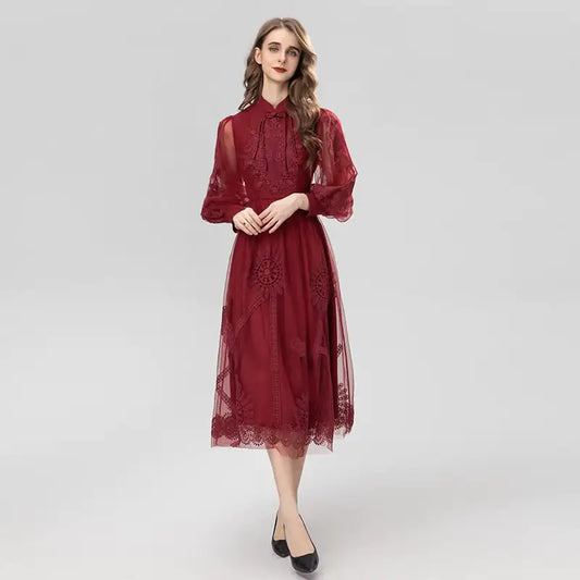 Burgundy Waist-Defined Dress for Girls