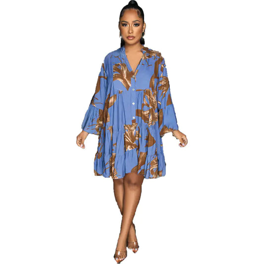 Fashionable V-Neck Long Sleeve Printed Dress for Women