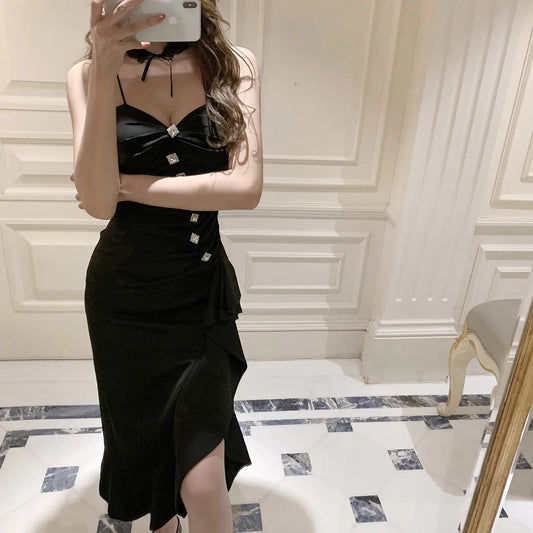 Black Waist-Defined Midi Dress for Women