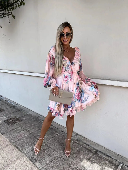 V-Neck Printed Long Sleeve Waist-Defined Dress