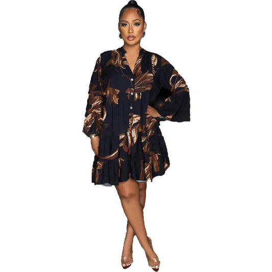 Fashionable V-Neck Long Sleeve Printed Dress for Women